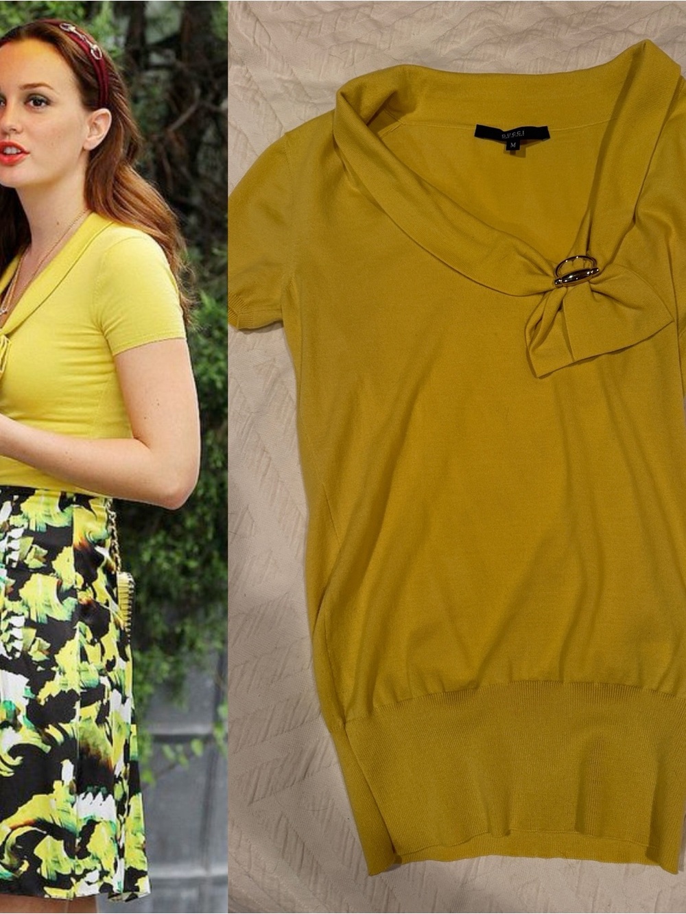 Gucci Short-Sleeve Yellow Knit Top with Buckle Detail